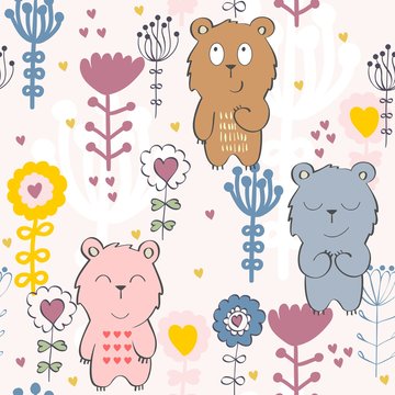 Vector seamless pattern with bear and flowers