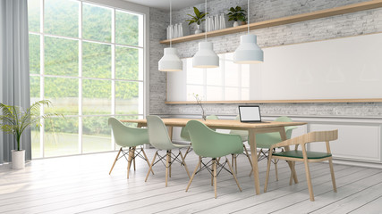 Miinimalist interior ,White room with green chair on wood table . Scandinavian style. 3D render