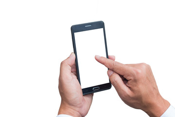 The human hands holding the smartphone and touch on mobile screen with isolate background