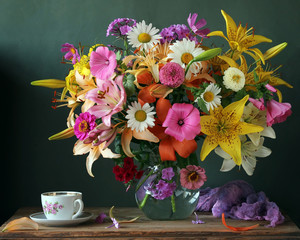 bouquet of garden flowers and Cup in retro style