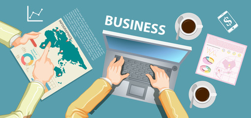 Infographic with people working and charts