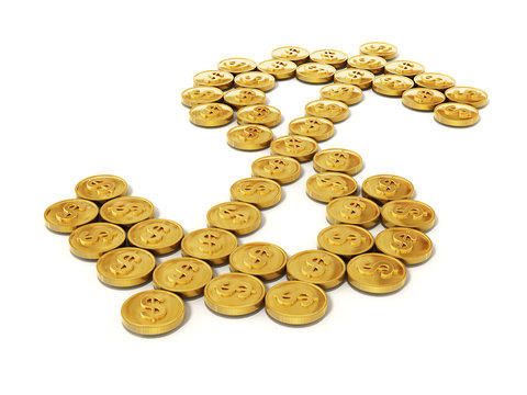 Gold coins forming dollar symbol. 3D illustration