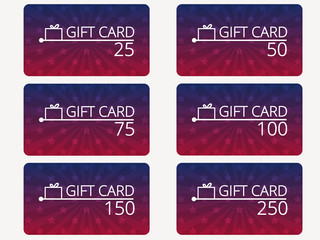 Gift card with a gift box and stars. Gradient background color. Set of vector illustrations