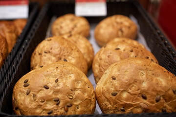 close up of bread at bakery or grocery store