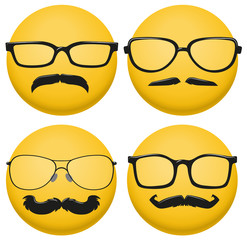 Different styles of glasses and mustaches on yellow ball