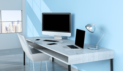 Modern blue desktop interior with devices 3D rendering