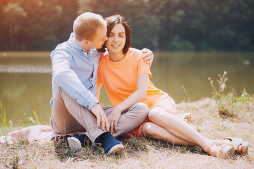 loving couple walking park