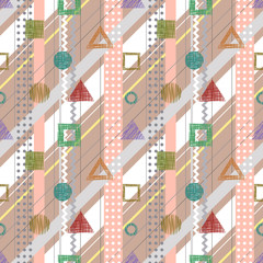 Fototapeta premium Seamless vector geometrical abstract pattern with lines, dots, diagonal stripes. Endless background with different hand drawn geometric figures.