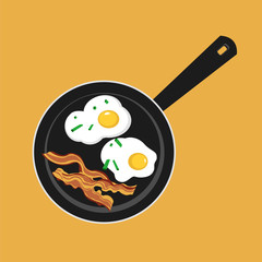 Vector flat illustration of pan with sunny side up eggs and fried bacon. 