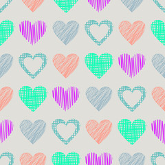 Seamless vector pattern with hearts. endless symmetrical background with hand drawn textured figures. Graphic illustration Grey Template for wrapping, web backgrounds, wallpaper