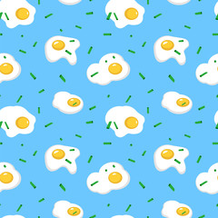 Sunny side up eggs and green onion breakfast. vector seamless pattern.
