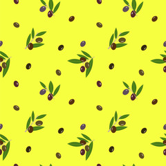 Seamless vector pattern with olives on yellow background.