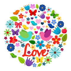 Spring love card round label with flowers, butterflies and two cute birds vector isolated on white background