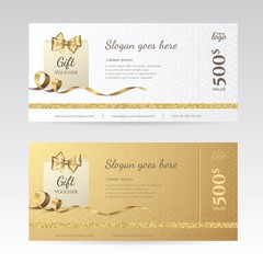 Set of elegant shiny gift voucher with golden bow, ribbon and paper shopping bag. Vector template for gift card, coupon and  certificate with ornate background. Isolated from the background.