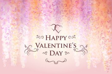 Fototapeta na wymiar Valentine's Day card template with gentle flowers of blooming wisteria, floral background. Vector illustration. Eps10