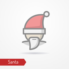 Santa Claus with beard or abstract person celebrating new year in festive hat. Man head isolated icon in flat line style with shadow. Celebration vector stock image.