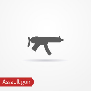 Abstract compact assault firearm. Isolated icon in silhouette style with shadow. Typical police special forces weapon. Military vector stock image.