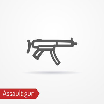 Abstract compact assault firearm. Isolated icon in line style with shadow. Typical police special forces weapon. Military vector stock image.
