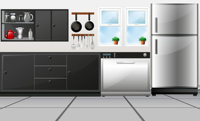 Kitchen room with utensils and electronic appliances