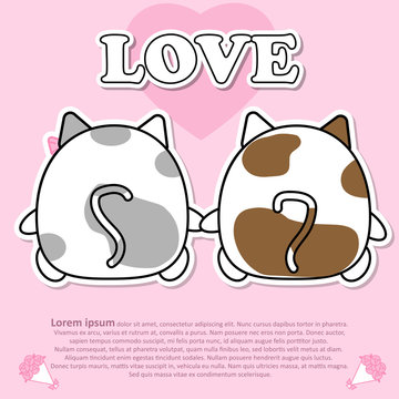 Backside view of Lovely couple cute cat hold the hands together in Valentine and paper cut sticker concept