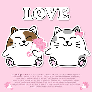 Lovely couple cute cat with bouquet of pink rose flower in Valentine and paper cut sticker concept