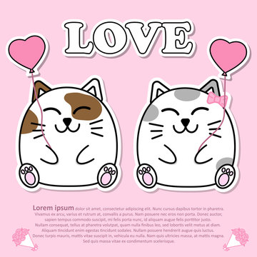 Lovely couple cute cat with pink heart balloon in Valentine and paper cut sticker concept