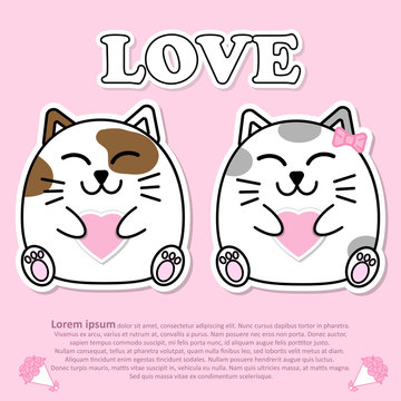 Lovely couple cute cat with pink heart in hand for Valentine and paper cut sticker concept