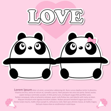 Lovely couple cute Panda hold the hands together in Valentine and paper cut sticker concept