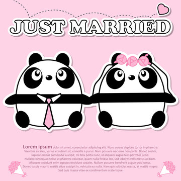 Lovely couple cute panda just married wear tie and bouquet of pink rose flower in Valentine and paper cut sticker concept