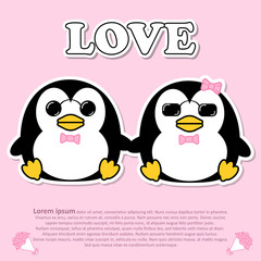 Lovely couple cute penguin wear sunglasses and pink bow tie in Valentine and paper cut sticker concept
