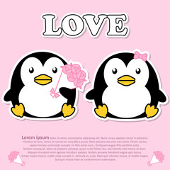 Lovely couple cute penguin with bouquet of pink rose flower in Valentine and paper cut sticker concept