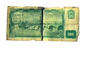 100 koruna bill of Czechoslovakia isolated on white background