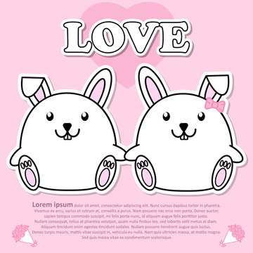 Lovely couple cute rabbit hold the hand together in Valentine and paper cut sticker concept