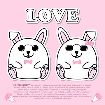 Lovely couple cute Rabbit wear sunglasses and pink bow tie in Valentine and paper cut sticker concept