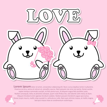 Lovely couple cute Rabbit with bouquet of pink rose flower in Valentine and paper cut sticker concept