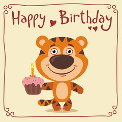 Happy birthday! Funny tiger with birthday cake. Greeting card with tiger in cartoon style.