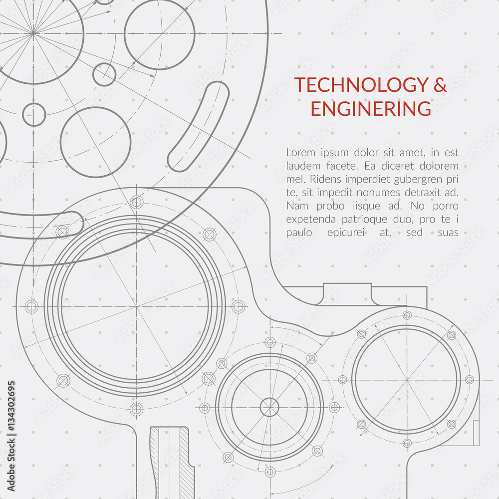 Poster abstract vector technology and engineering background with technical, mechanical drawing blueprint
