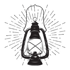 Hand-drawn grunge sketch vintage oil lantern or kerosene lamp with rays of light. Vector illustration. T-shirt print or poster design.