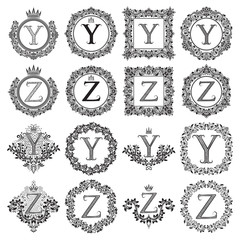 Vintage monograms set of Y, Z letter. Heraldic coats of arms in wreaths, round and square frames. Black symbols on white.