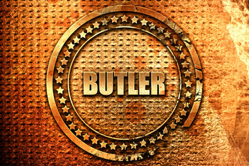butler, 3D rendering, grunge metal stamp