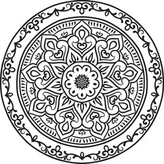 Drawing of a abstract vector with floral round lace mandala, decorative element in ethnic tribal style, black line art on a white background