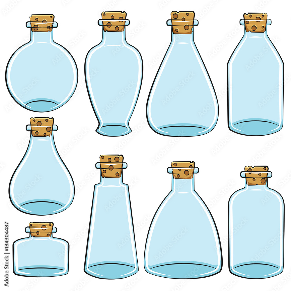 Poster set of color cans, vials, bottles. isolated vector objects on white background.