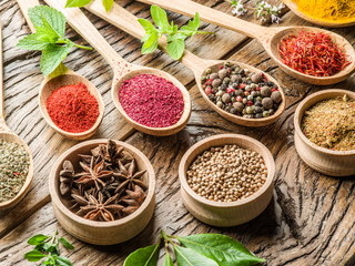 Assortment of colorful spices in the wooden spoons.