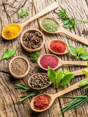 Assortment of colorful spices in the wooden spoons.