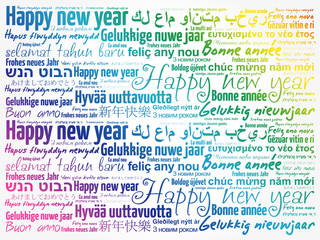 Happy New Year in different languages, celebration word cloud greeting card