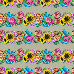 Seamless pattern with blue yellow and pink flowers