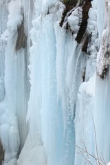 Frozen waterfall in National park Plitvice lakes in Croatia