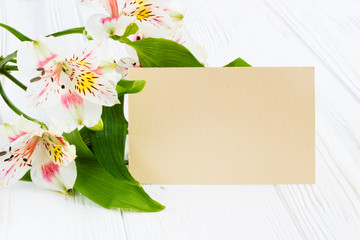 Beautiful  flowers with greeting card. Place for your text.  Mot