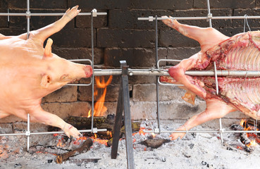 two pigs that cook slowly on steel spit in the fireplace
