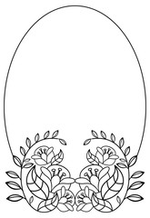 Elegant oval frame with contours of flowers. Vector clip art.